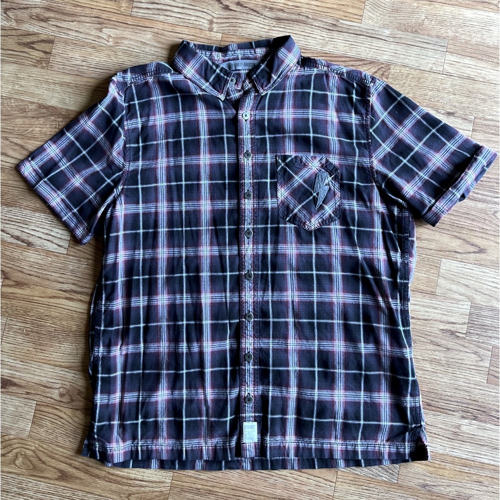 Red white & blue Harley-Davidson button up plaid short sleeve shirt, size large